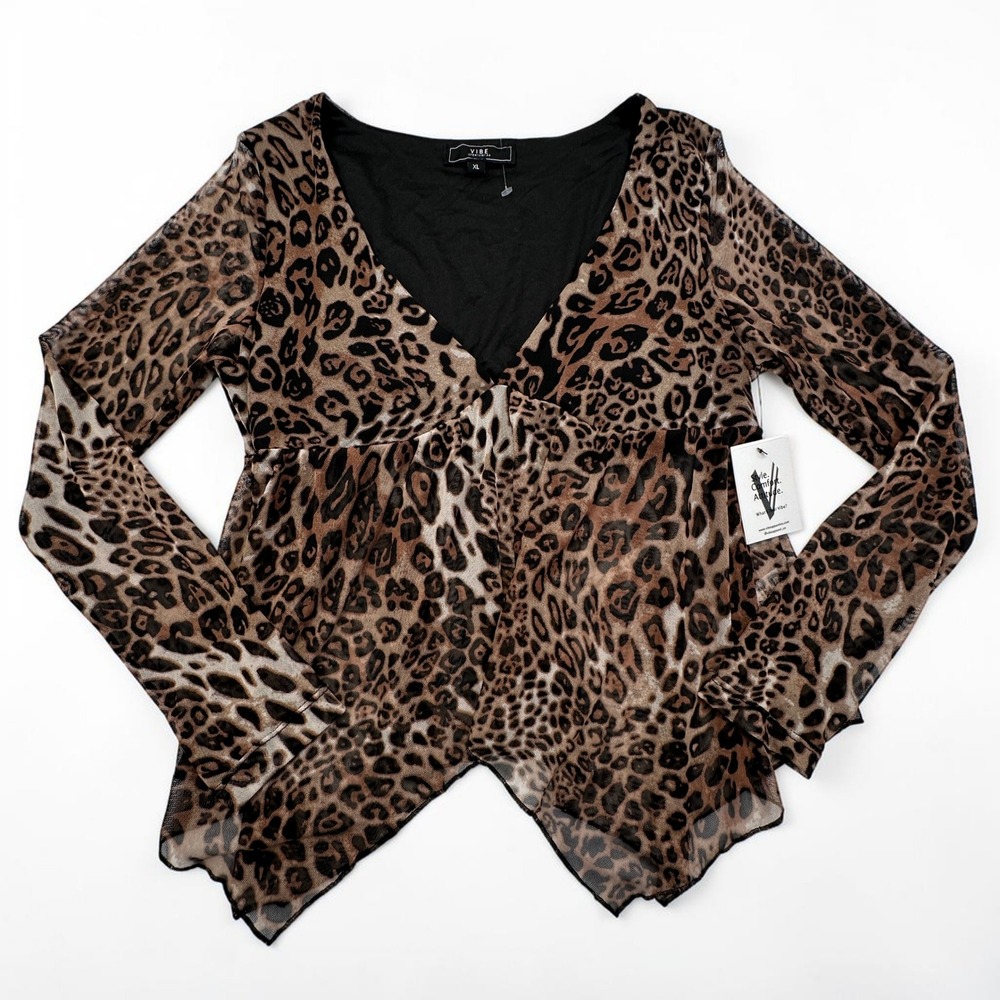 Vibe Sportswear Leopard Mesh Top Womens XL Brown Animal Print Sheer‎ Y2K NEW